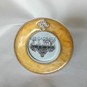 Vintage Gold Enamel And Silver Mini Round Frame With White Crystals